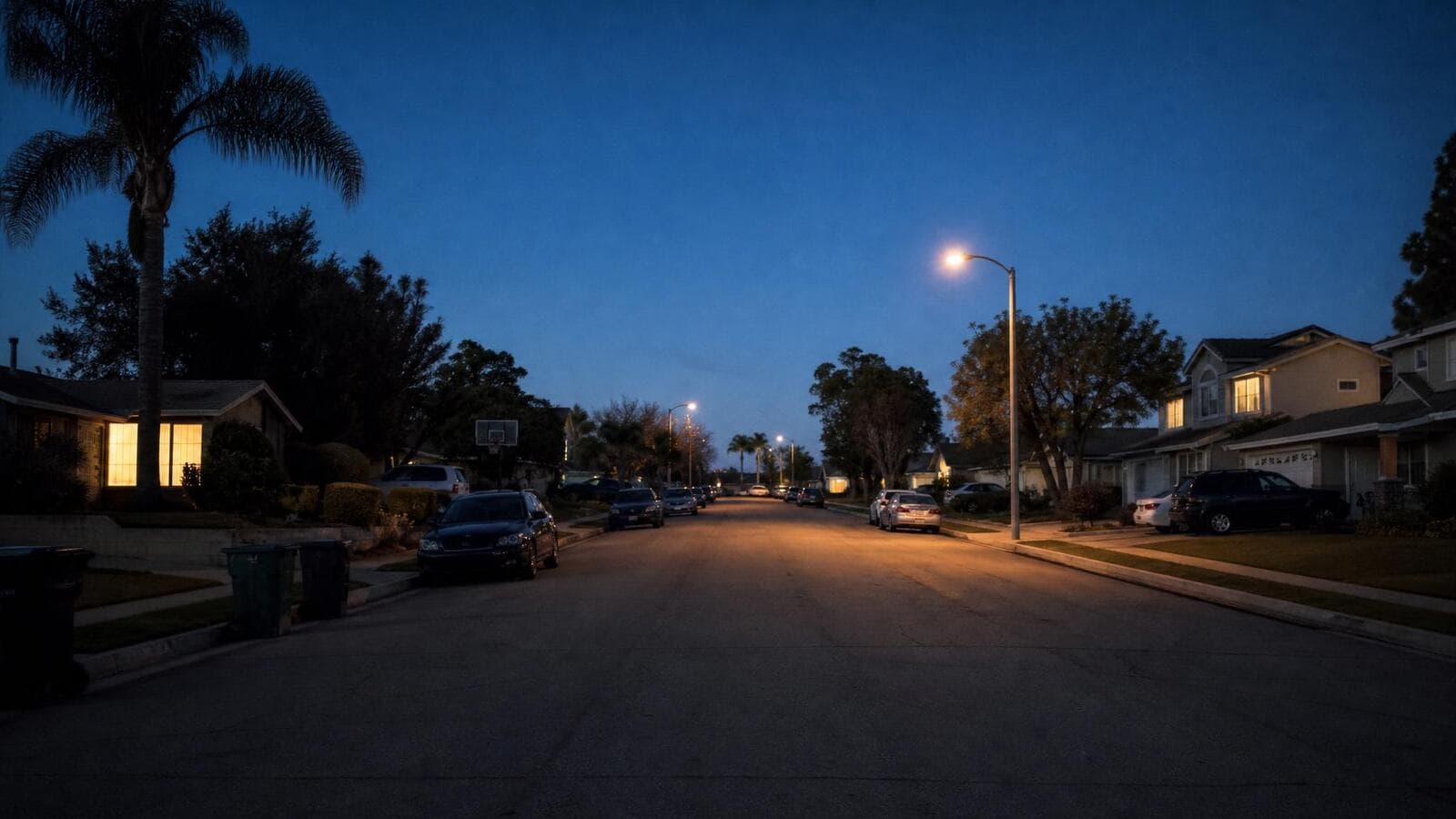 A California suburban street at dusk with warm light glowing in the front windows of the homes.
