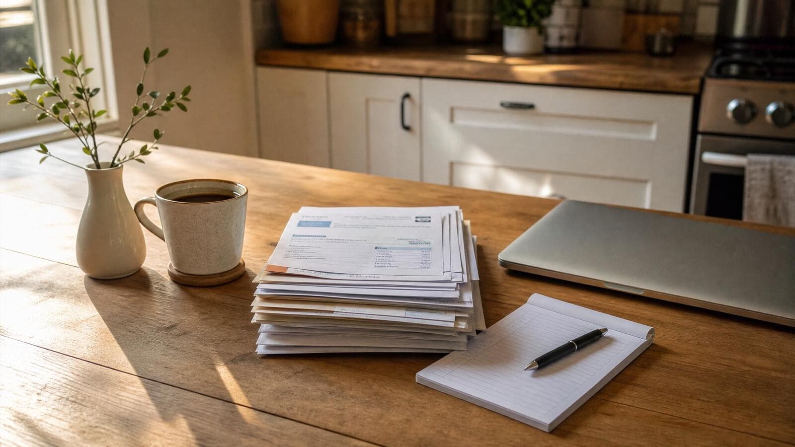 A calm kitchen table with a neat stack of sorted paper bills and a closed laptop in warm light.