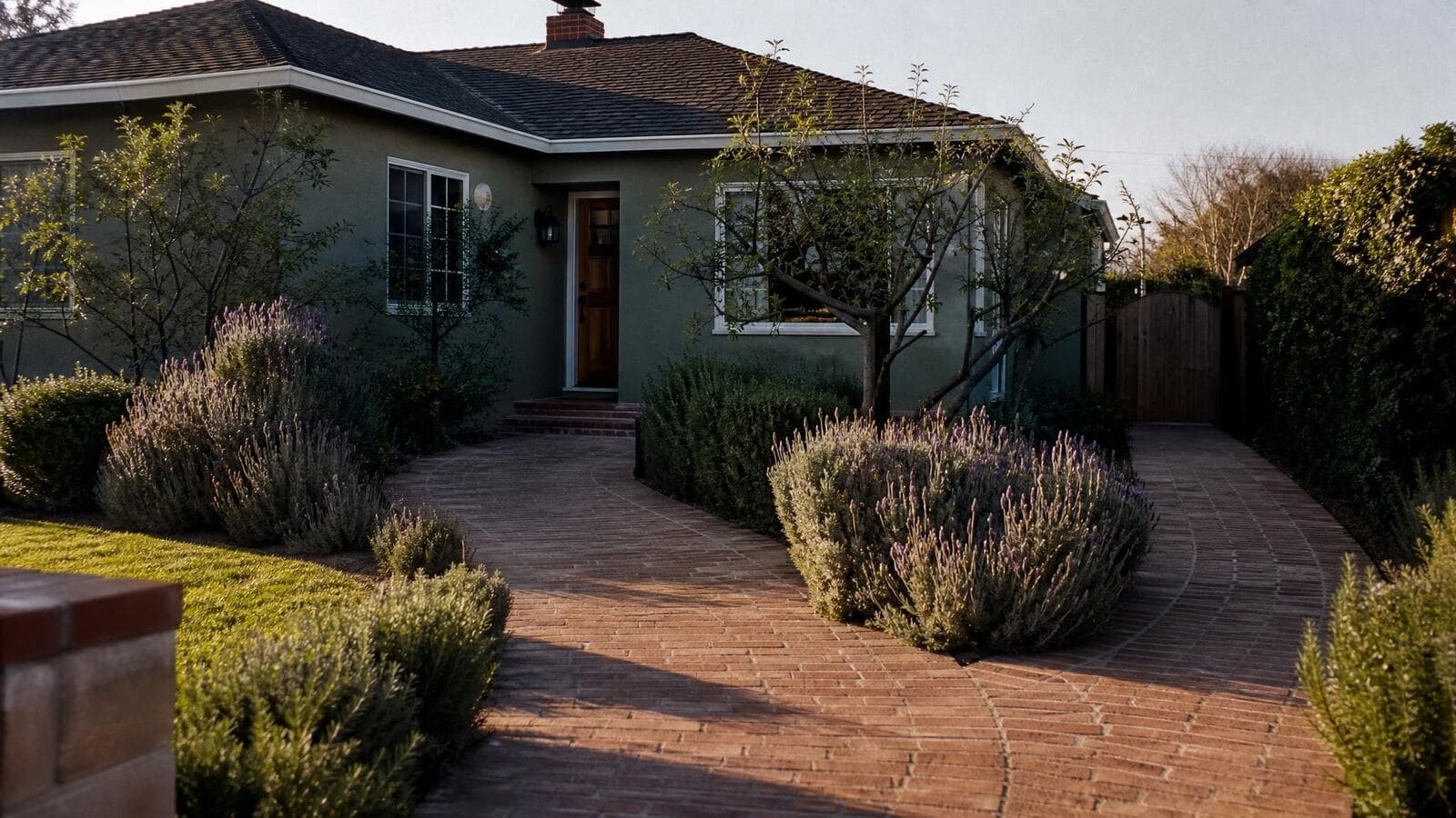 A brick walkway in front of a California ranch home splitting into two paths, one toward the front door and one toward a side gate, in late afternoon light.