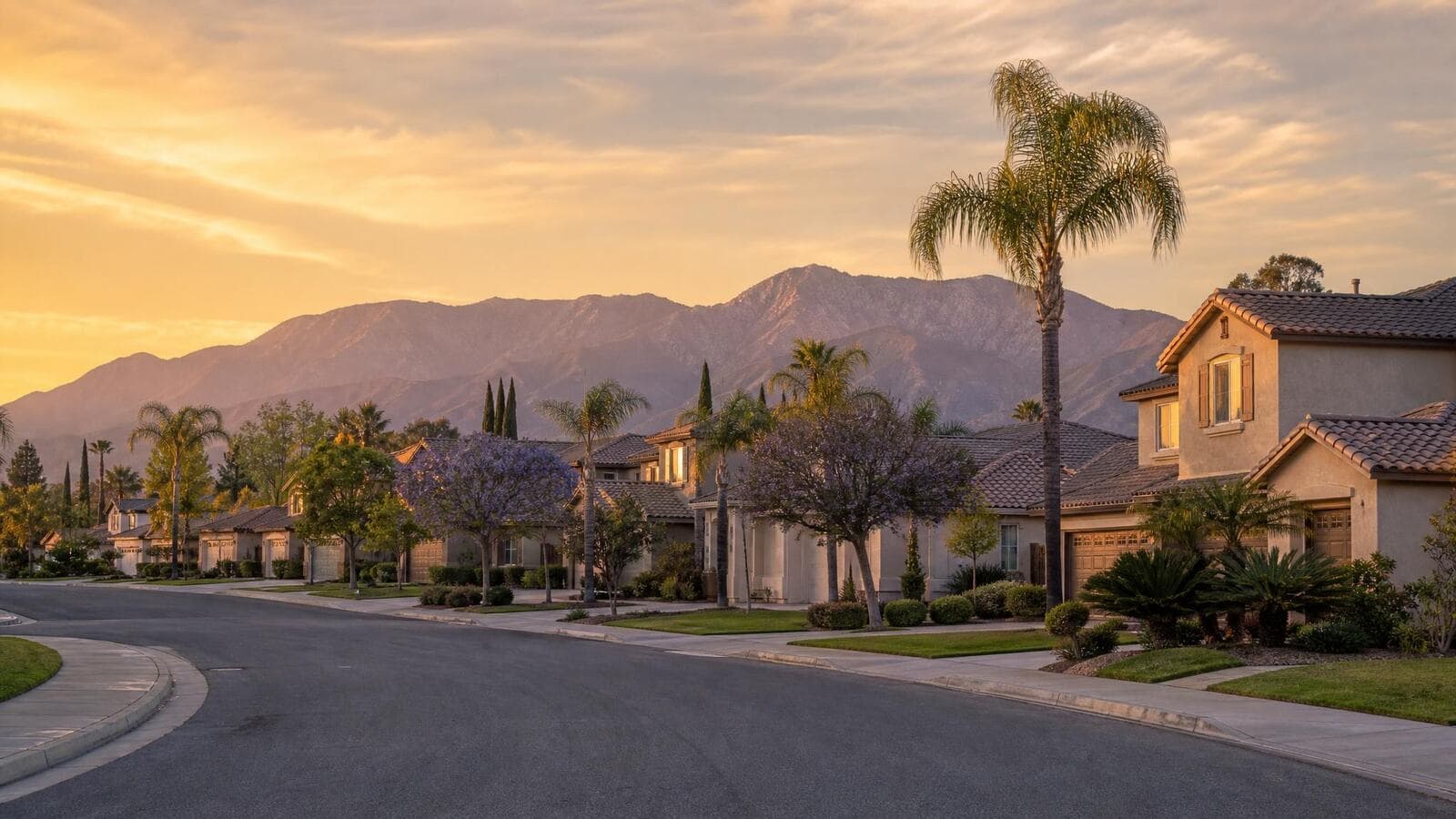 A wide Inland Empire suburban street of two-story stucco homes at golden hour, with the San Gabriel mountains rising behind the rooftops.