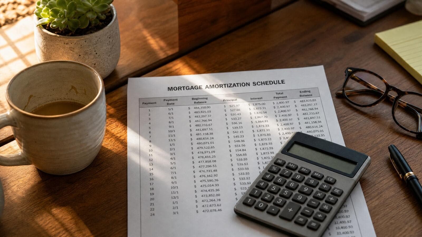 A warm home-office desk with a calculator, a coffee mug, and a printed mortgage amortization schedule.
