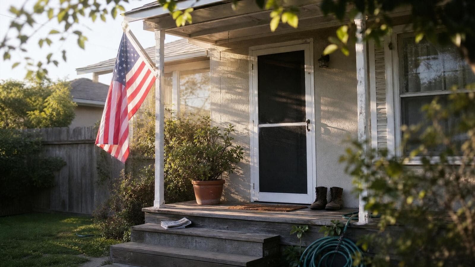 A modest California home porch with an American flag hanging, in soft golden light.