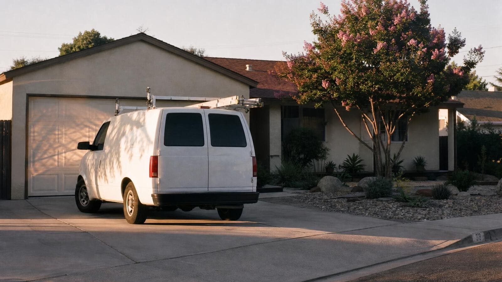 A tradesperson's white work van with ladder racks parked in the driveway of a modest California stucco home in early morning light.