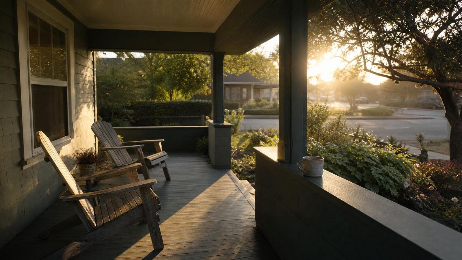 An empty front porch of a California craftsman home with two wooden chairs facing the sunrise, long morning shadows across the boards.