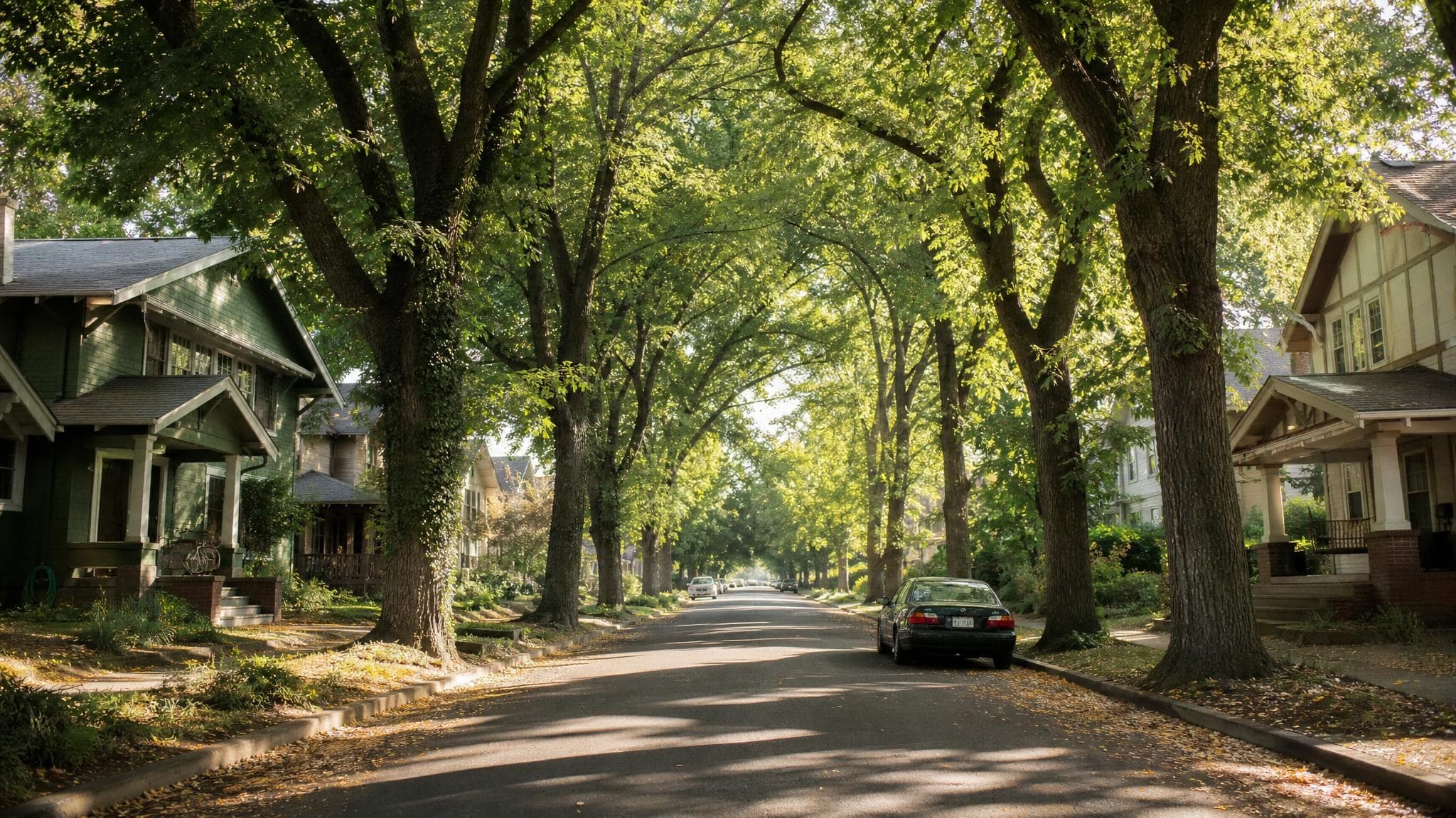 A tree-lined East Sacramento street where mature elms arch over the road, with Craftsman bungalows and deep front porches in warm dappled light.