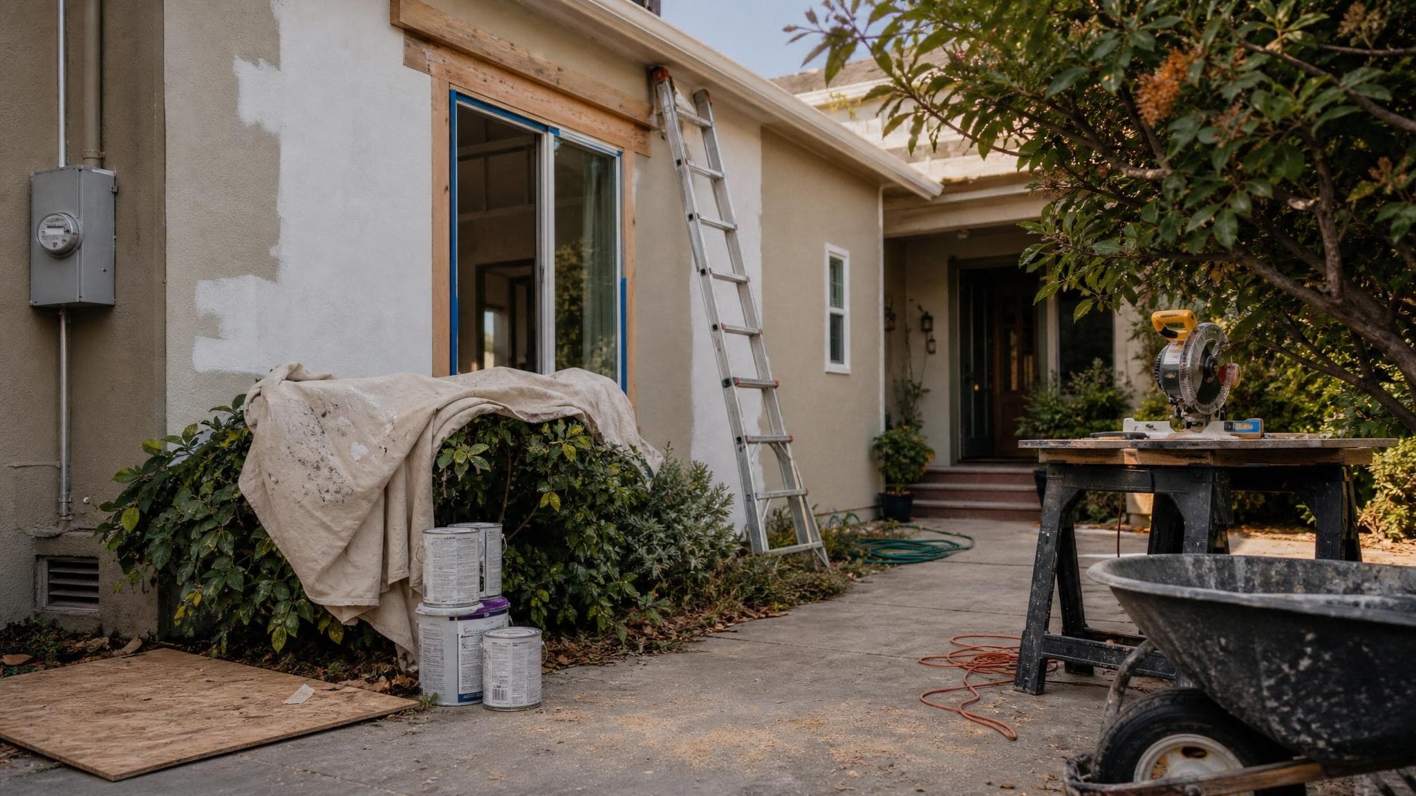 A California home mid-renovation at midday, with an extension ladder, drop cloths, fresh trim, and paint cans.