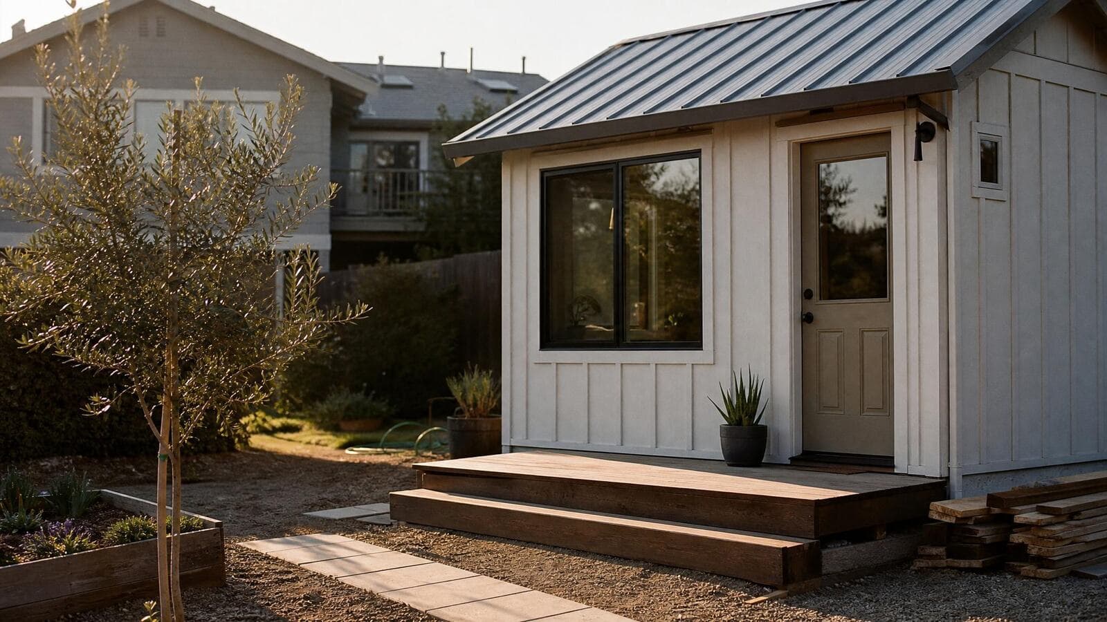 A newly finished detached backyard accessory dwelling unit behind a California home.