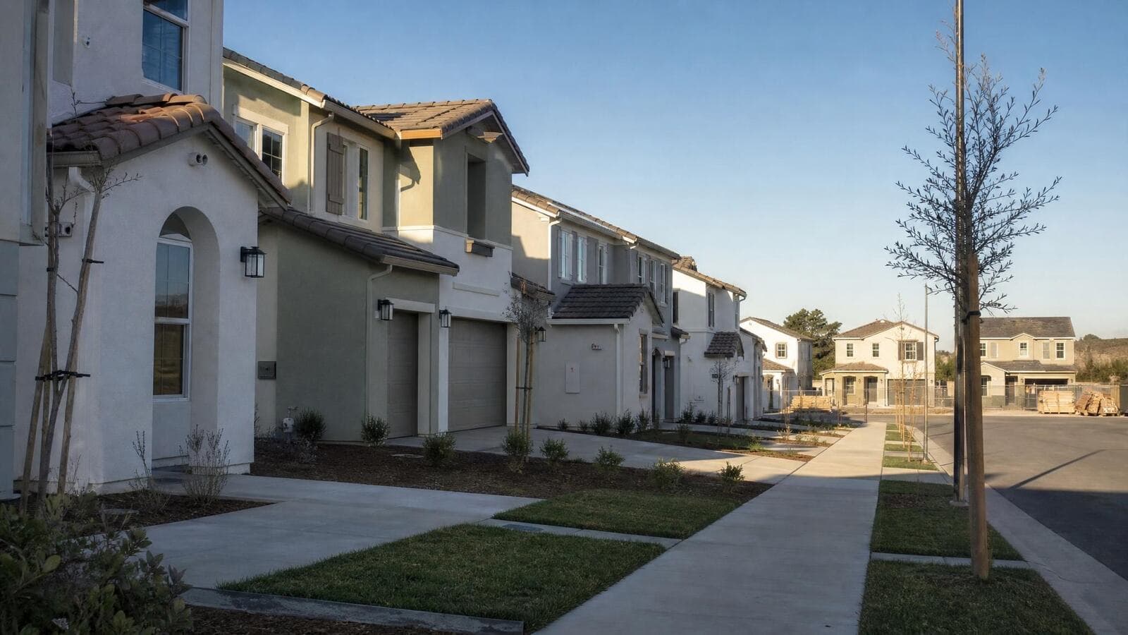 A brand-new California subdivision street in morning light, with fresh sidewalks, young street trees, and rows of newly built two-story stucco homes.