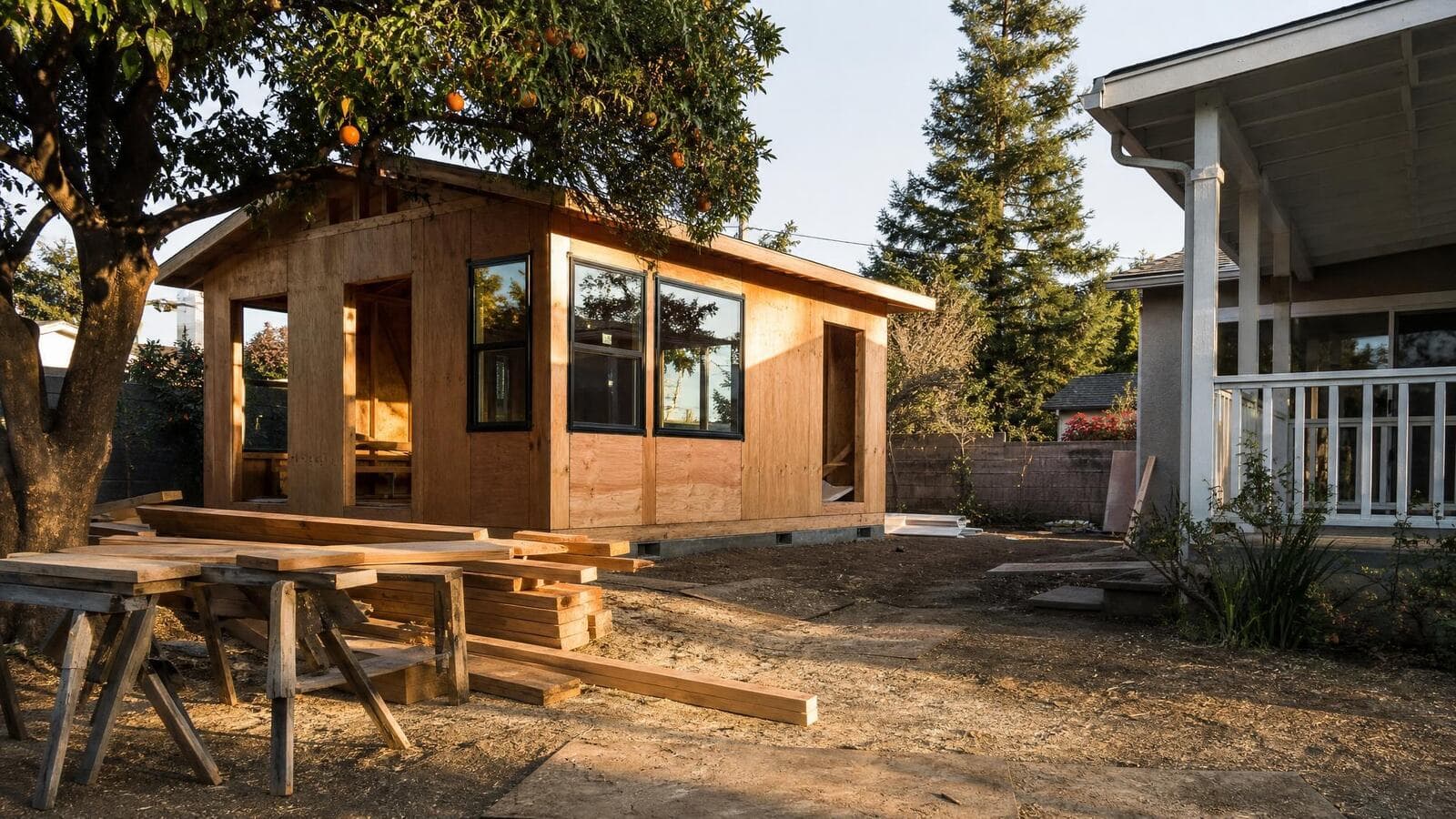 A detached backyard accessory dwelling unit mid-construction in a California backyard, with fresh framing, new windows, and stacked lumber in golden afternoon light.