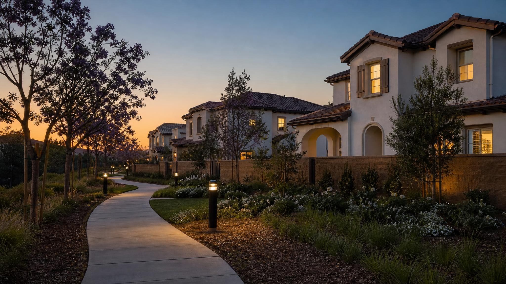 A curving sidewalk through a master-planned Irvine village at dusk, with new Spanish-tile homes, young jacarandas, and a greenbelt path lit by low park lamps.